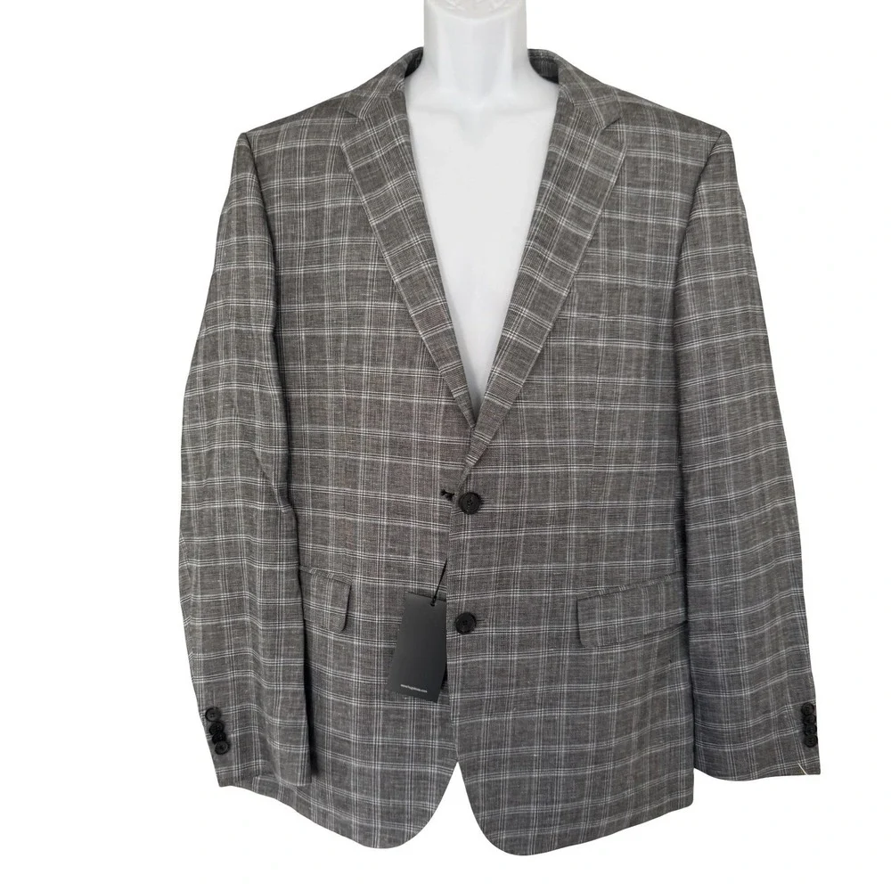 Hugo Boss Sport Coat Mens 44R Gray Plaid Cotton Linen James 4 Blazer 2 Button